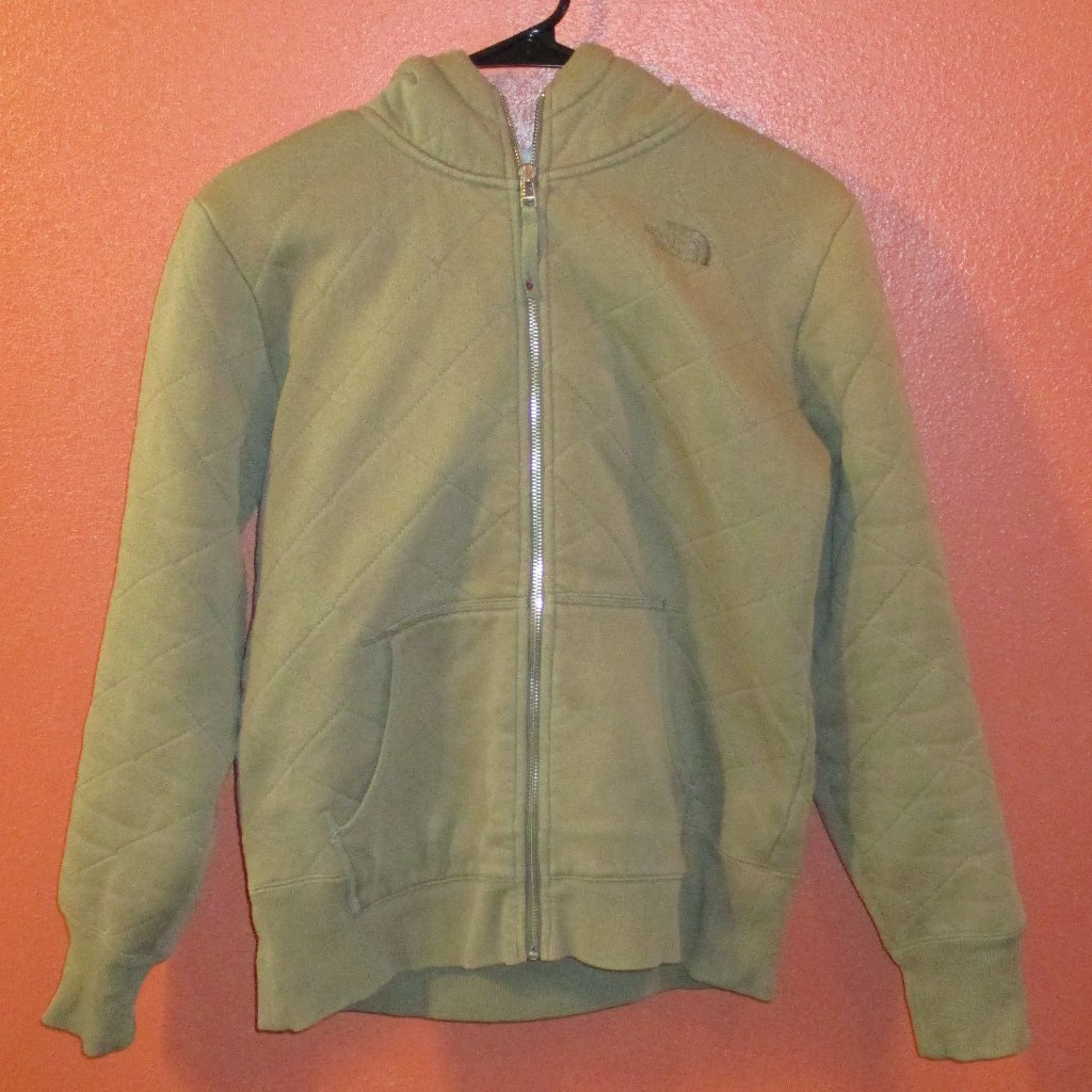 North Face Woman Small Petite Green White Full Zip Pockets Outdoor Hooded Jacket